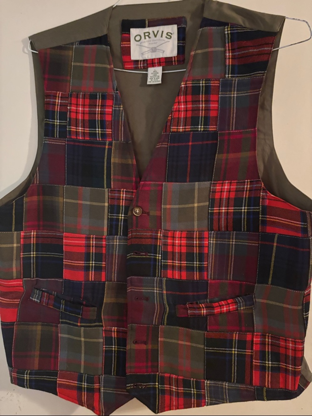 Orvis Patchwork Plaid Vest in Red, Olive & Navy